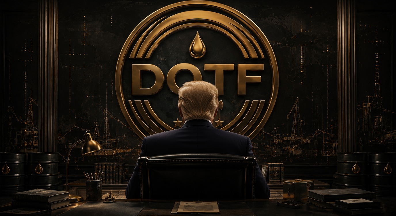 Presidential oil office with a large DOTF seal and oil barrels